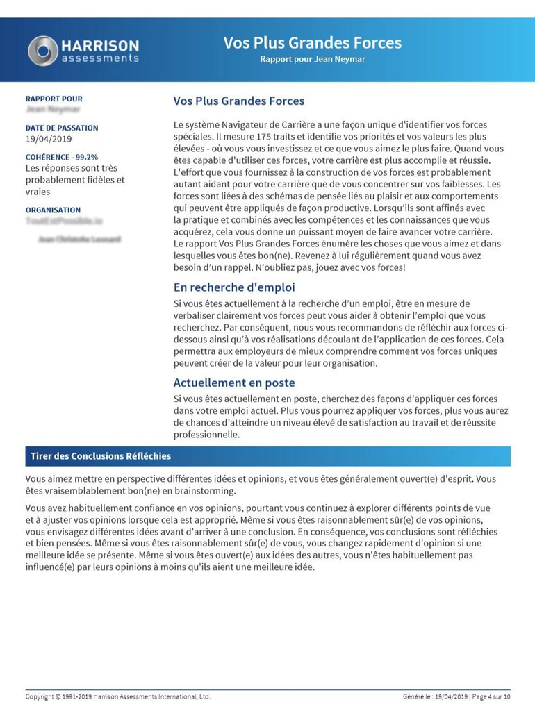 Rapport Harrison Assessment vos plus grandes forces